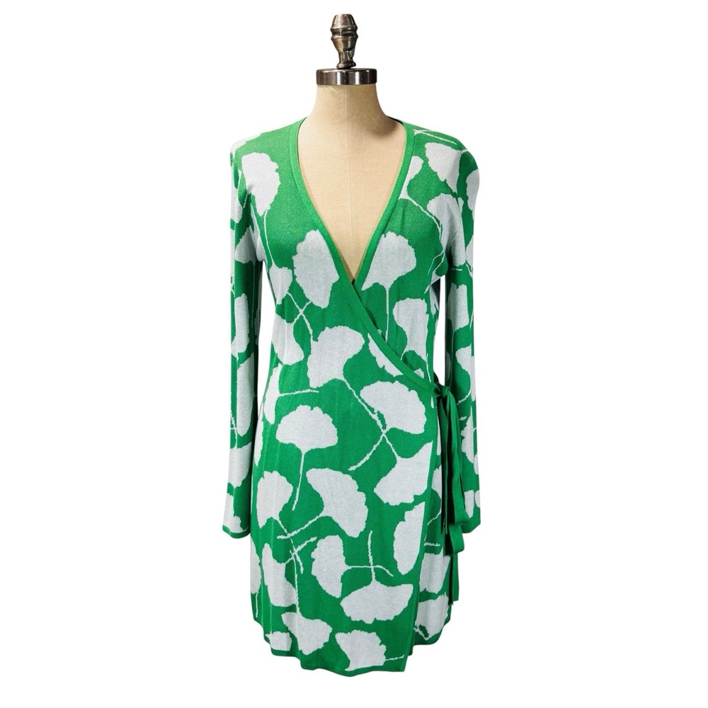 Diane‎ von Furstenberg Womens M Green Ginkgo Wrap Tunic Sweater Cardigan Luxury